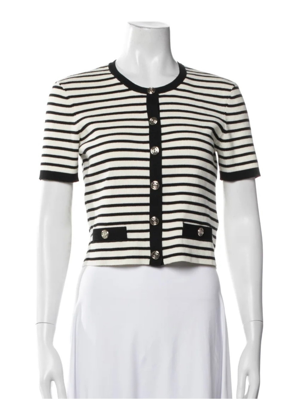 Maje Black and White Striped Short-Sleeve Cropped Cardigan